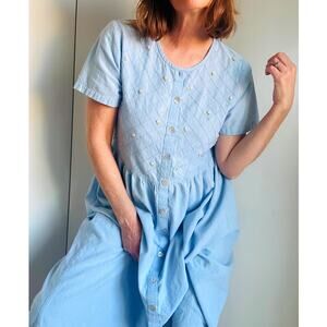 VTG 90s Womens Dress Size M Chambray Blue Rosettes Cotton Cottage core Feminine
